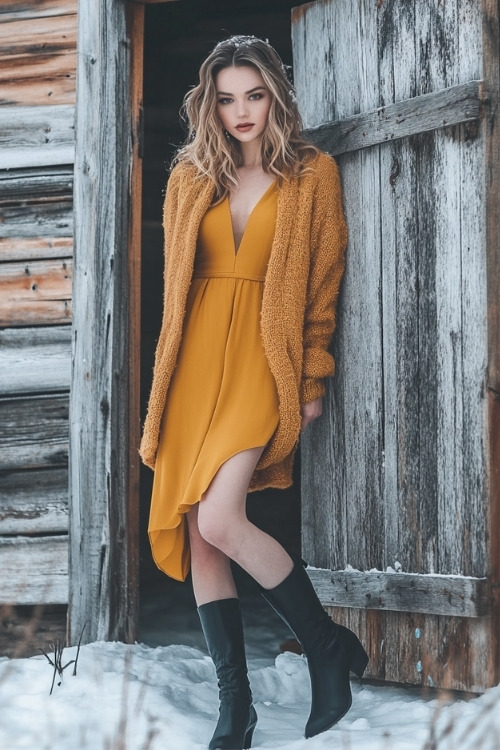 A woman wears a yellow wedding guest dress with black boots and a matching wool coat