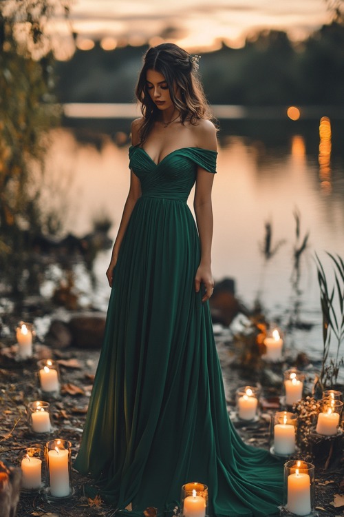 A woman wears an emerald green off-the-shoulder gown with a fitted bodice and a flowing chiffon skirt, standing near a candlelit outdoor fall wedding reception by the lake (2)