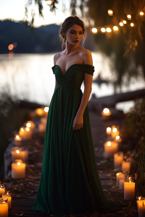 A woman wears an emerald green off-the-shoulder gown with a fitted bodice and a flowing chiffon skirt, standing near a candlelit outdoor fall wedding reception by the lake