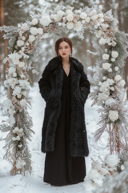 A woman wears black wedding guest dress and a black fur coat