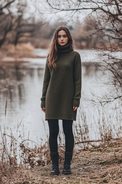 Casual look of a woman in a relaxed olive green sweater dress with a loose turtleneck, paired with simple black leggings and lace-up winter boots