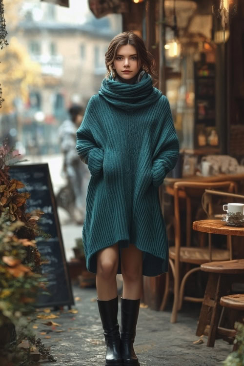 Casual yet elegant woman wearing a relaxed, mid-calf teal sweater dress with ribbed cuffs, paired with chunky black ankle boots and a soft scarf (2)