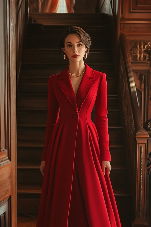 Elegant lady in a long red dress with a matching red overcoat, styled with gold hoop earrings and a simple necklace