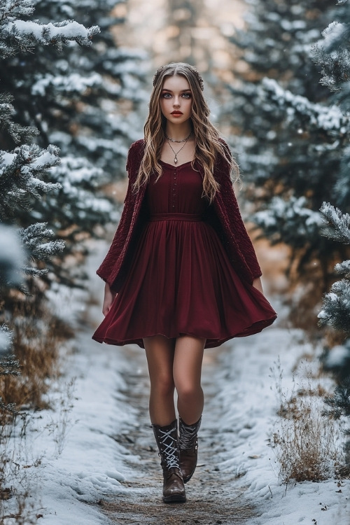 Elegant lady in a maroon A-line dress with a matching short cape jacket, styled with delicate jewelry and lace-up boots (2)