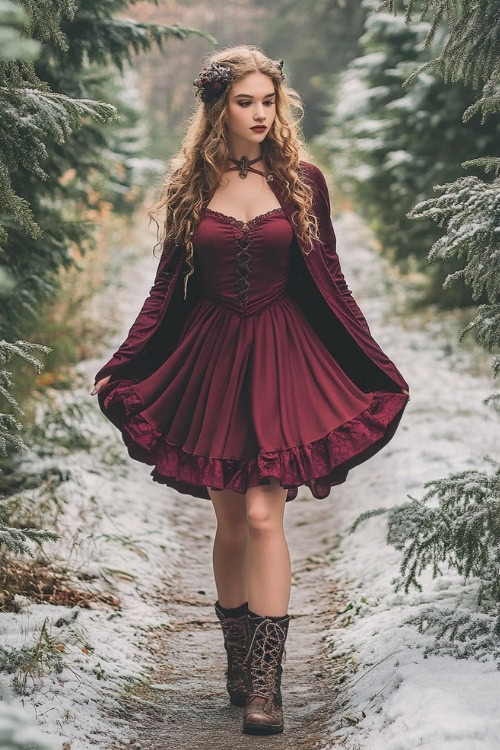 Elegant lady in a maroon A-line dress with a matching short cape jacket, styled with delicate jewelry and lace-up boots