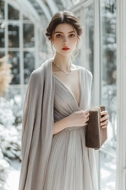 Elegant lady in a soft gray dress with a wool jacket draped over her shoulders, styled with a small clutch and delicate jewelry (2)