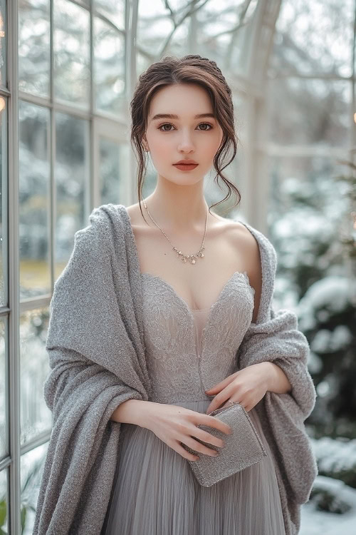 Elegant lady in a soft gray dress with a wool jacket draped over her shoulders, styled with a small clutch and delicate jewelry