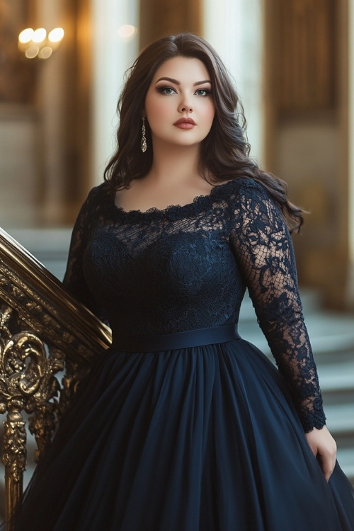 Elegant plus-size lady in a long-sleeved navy dress with a high waist and lace overlay, standing by an ornate staircase in a softly lit hall