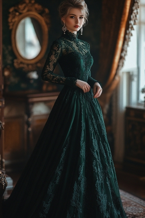 Elegant woman in a dark emerald-green, floor-length gown with delicate lace overlay, high neckline, and full sleeves