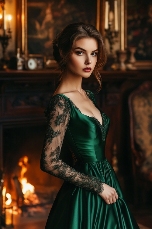 Elegant woman in an emerald-green satin dress with a modest scoop neckline, sheer lace sleeves, and a cinched waist