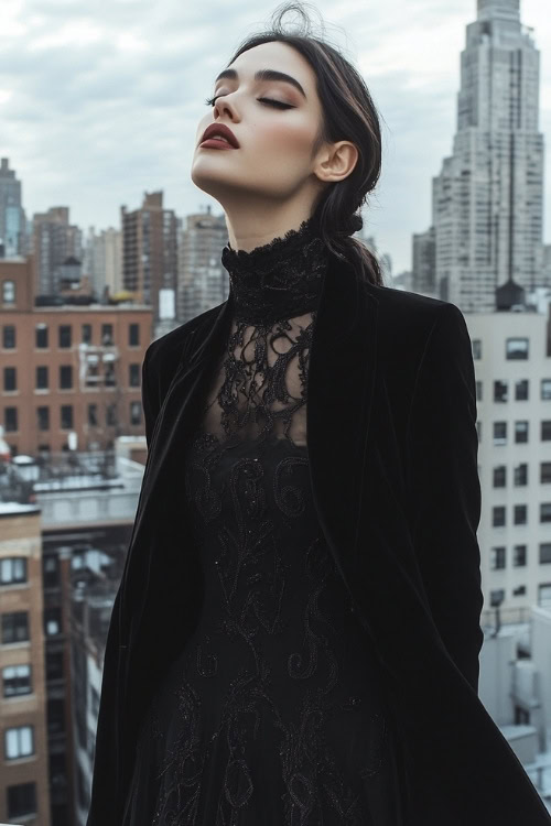 Elegant woman wearing a formal high-neck black dress with an embroidered pattern, layered with a matching black blazer