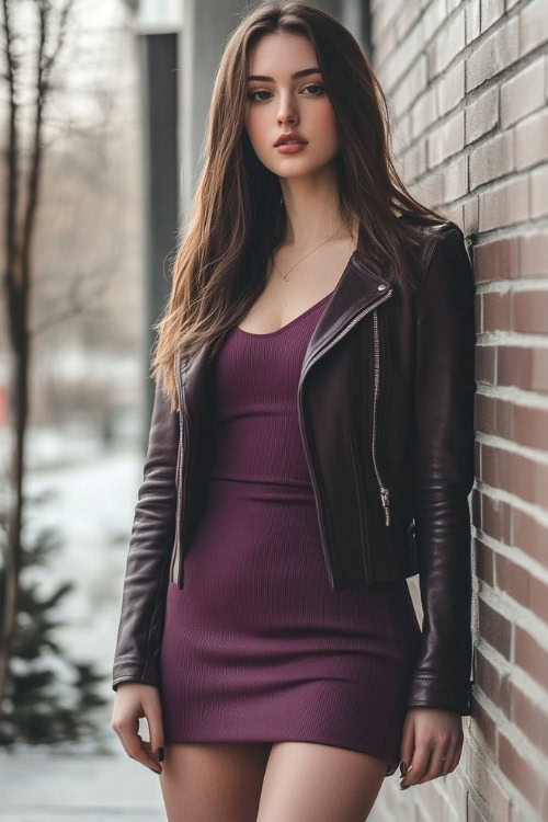 Fashion-forward woman wearing a plum-colored dress with long sleeves and a cropped leather jacket, styled with ankle boots