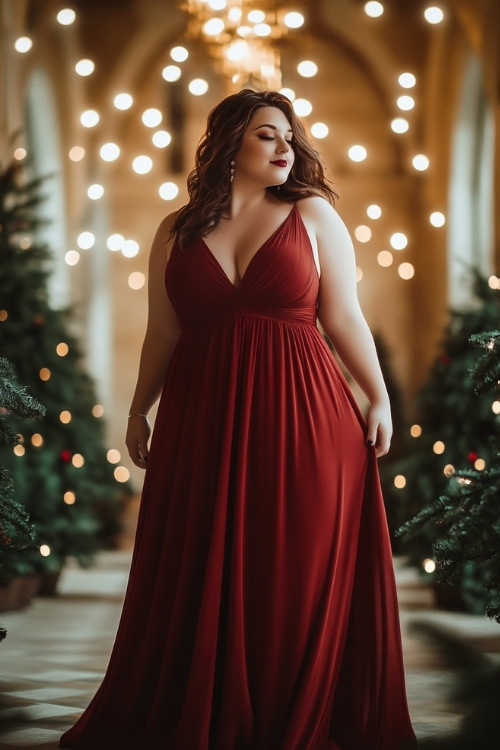 Fashionable plus-size lady in a festive maroon dress with a slight shimmer, A-line skirt, and elegant V-neckline