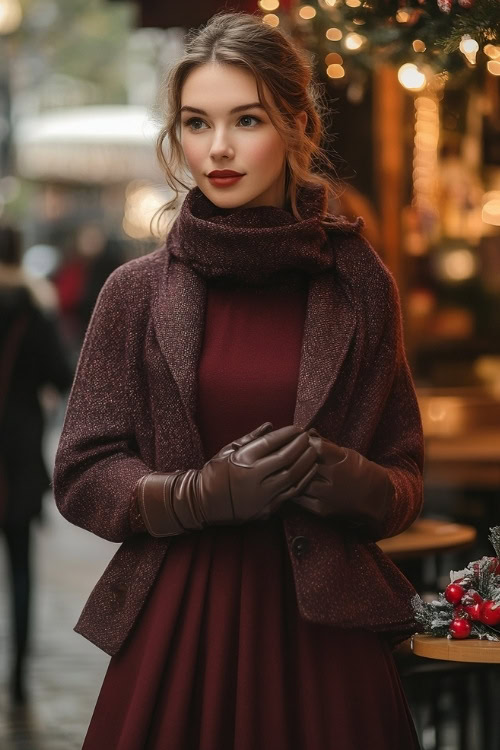 Fashionable woman wearing a knee-length, burgundy dress with a cozy wool shawl jacket, styled with leather gloves (2)