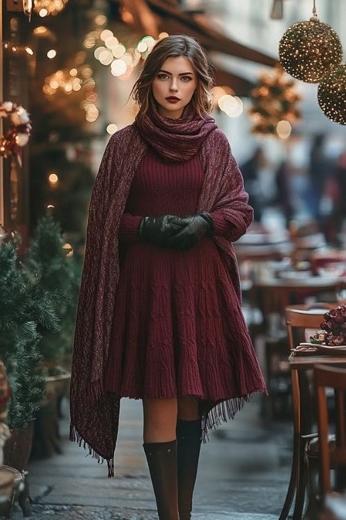 Fashionable woman wearing a knee-length, burgundy dress with a cozy wool shawl jacket, styled with leather gloves