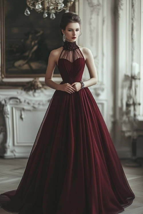 Formal lady in a dark red gown with a flowing skirt and high neckline, styled with a delicate bracelet and earrings