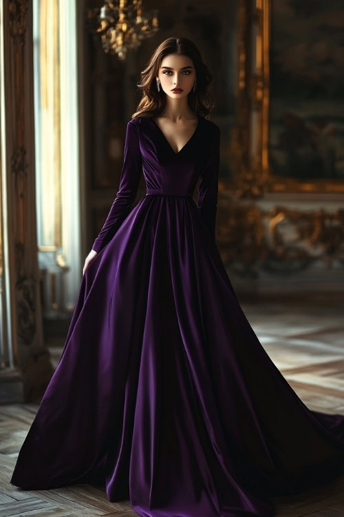 Formal, sophisticated woman wearing a deep purple satin gown with a fitted bodice, long sleeves, and a slight A-line flare, styled with simple jewelry