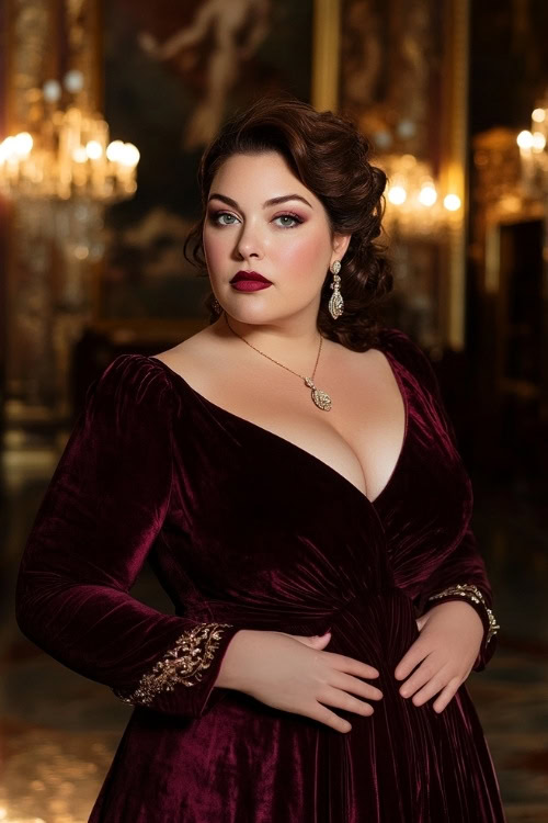 Full-body image of a plus-size woman in a luxurious, deep burgundy velvet dress with a flattering V-neckline, long sleeves with a slight flare at the cuffs (2)