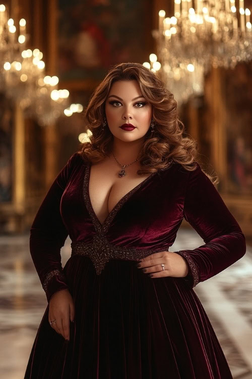 Full-body image of a plus-size woman in a luxurious, deep burgundy velvet dress with a flattering V-neckline, long sleeves with a slight flare at the cuffs