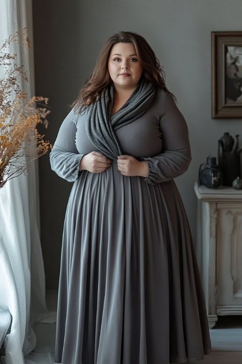 Full-body view of a plus-size woman in a soft gray dress with long sleeves and a softly gathered waist, styled with a wool scarf