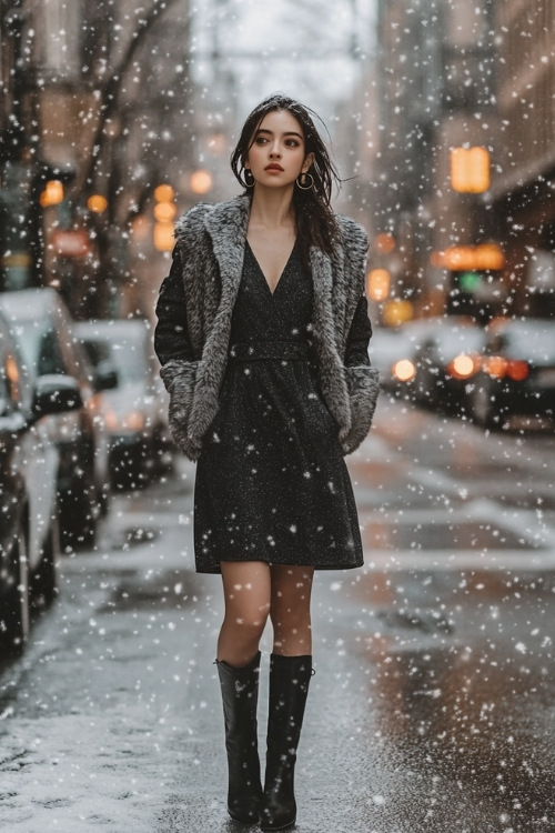 Full-body view of a woman in a charcoal gray dress with a faux fur-trimmed jacket, styled with knee-high black boots and simple earrings (2)