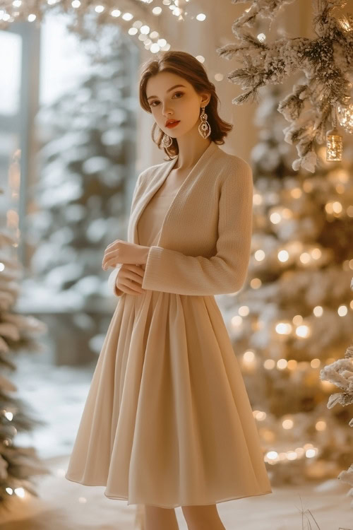 Full-body view of a woman in a soft beige dress with a flowing A-line skirt, paired with a chic cropped jacket, styled with statement earrings and a small handbag (2)