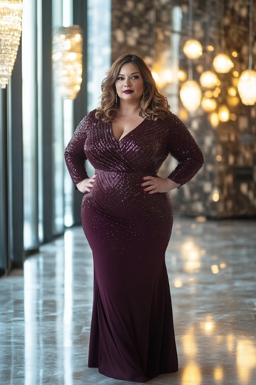 Full-figure plus-size woman in a fitted winter dress in deep wine color with subtle sequin detailing, long sleeves, and a flared hem