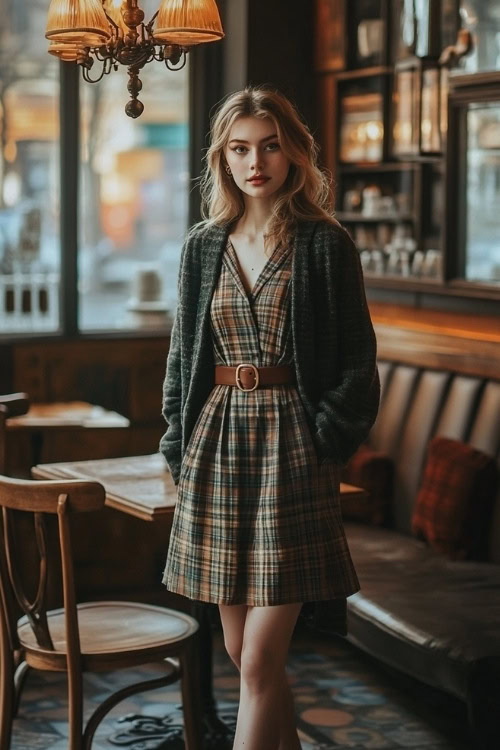 Lady in a plaid knee-length dress with a belt, layered with a cozy cardigan, standing in a warmly decorated café with ambient lighting