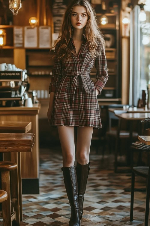 Lady in a relaxed, plaid winter dress with a belted waist, knee-high boots, and casual accessories