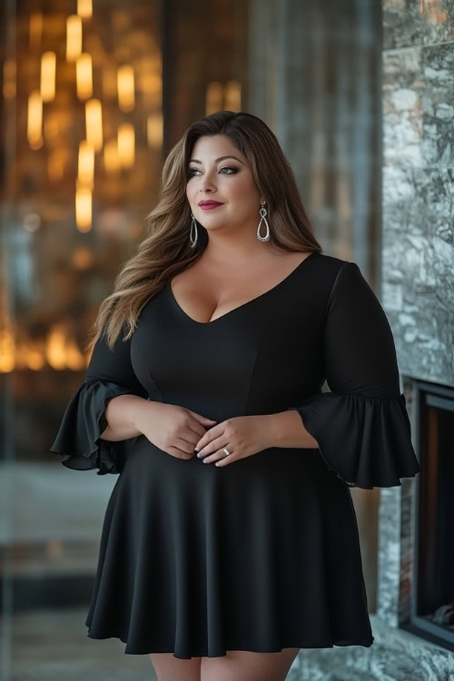 Plus-size woman in a classic black knee-length dress with bell sleeves and a scooped neckline, styled with simple silver earrings