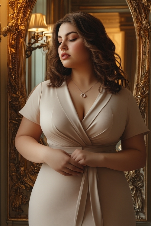 Sophisticated plus-size model in a soft beige wrap dress that falls just below the knee, styled with a delicate pendant necklace