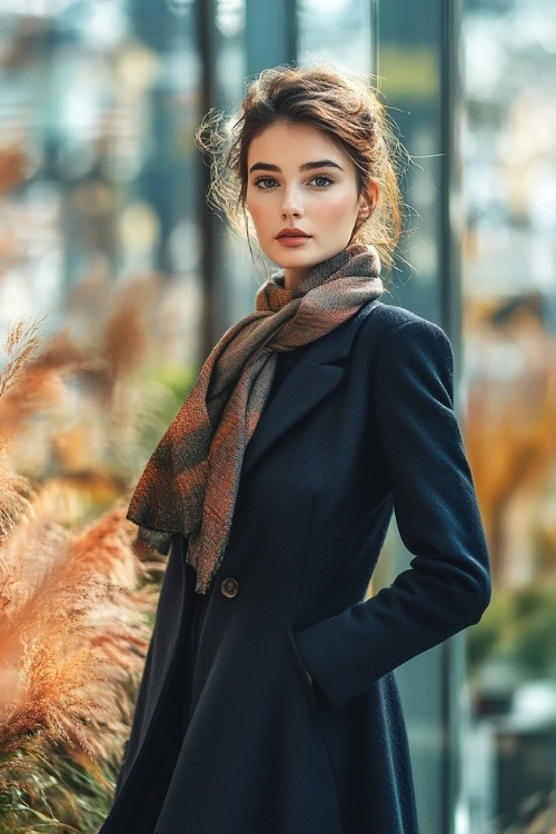 Sophisticated woman in a mid-length, navy blue wool dress with long sleeves, layered with a sleek matching blazer and accessorized with a silk scarf