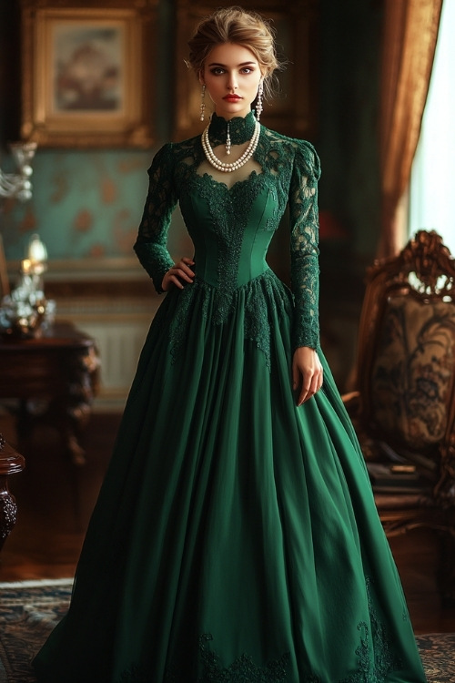 Sophisticated woman in an emerald green gown with a high neckline and lace sleeves, accessorized with a pearl necklace