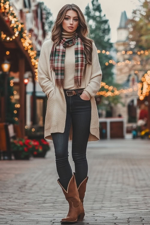 Woman in a beige cardigan over a turtleneck with a plaid scarf, dark skinny jeans, and brown cowboy boots, standing in a cozy town square lined with holiday decorations (2)