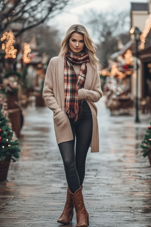 Woman in a beige cardigan over a turtleneck with a plaid scarf, dark skinny jeans, and brown cowboy boots, standing in a cozy town square lined with holiday decorations