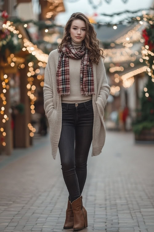 Woman in a beige cardigan over a turtleneck with a plaid scarf, dark skinny jeans, and brown cowboy boots