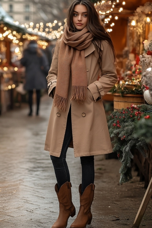 Woman in a beige trench coat layered with a wool scarf, dark jeans, and brown cowboy boots, standing near a cozy outdoor winter market with holiday lights and decorations