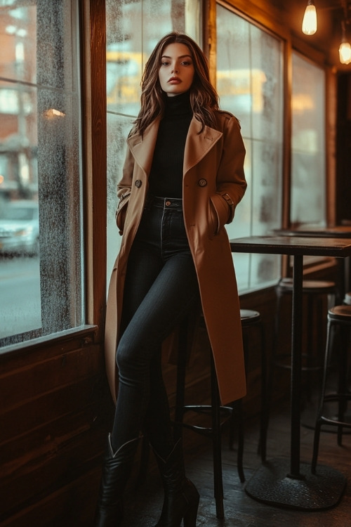 Woman in a black turtleneck under a camel-colored trench coat, dark skinny jeans, and black cowboy boots, standing by a cozy café with warm lighting and frosted windows