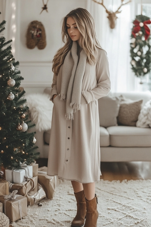 Woman in a button-up dress with long sleeves in a soft taupe color, styled casually with a light scarf and boots, standing in a warm