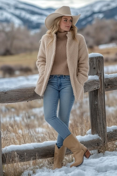 Woman in a camel-colored fleece jacket over a wool sweater, jeans, and beige cowboy boots, standing against a split-rail fence with fresh snow