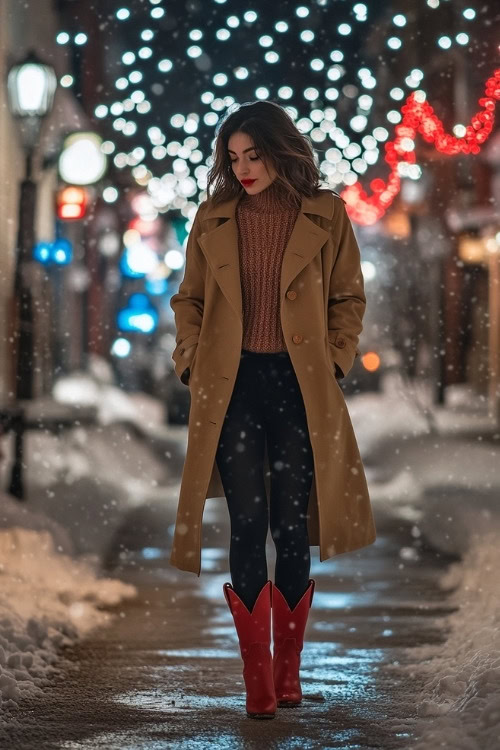 Woman in a camel trench coat over a soft knit sweater, black leggings, and red cowboy boots, strolling through a festive snowy street with holiday lights (2)