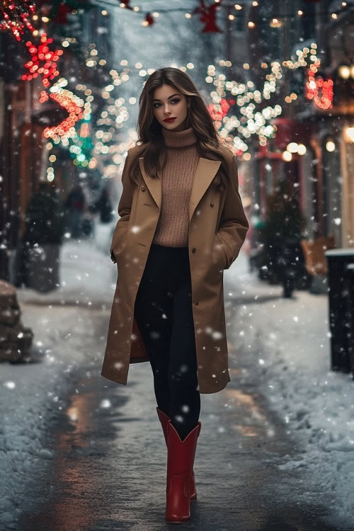 Woman in a camel trench coat over a soft knit sweater, black leggings, and red cowboy boots, strolling through a festive snowy street with holiday lights