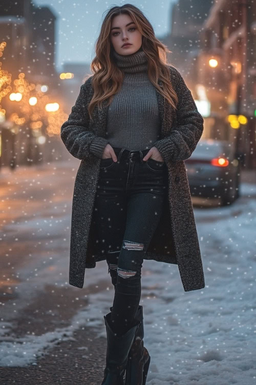 Woman in a chunky gray turtleneck sweater layered under a long wool coat, black skinny jeans, and black leather cowboy boots (2)