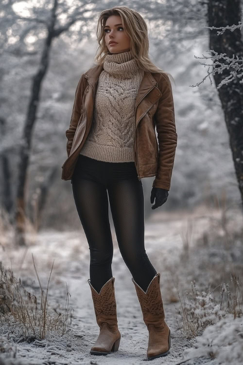 Woman in a chunky knit sweater under a leather jacket, dark leggings, and tan cowboy boots, posing in a rustic winter setting with frost-covered trees