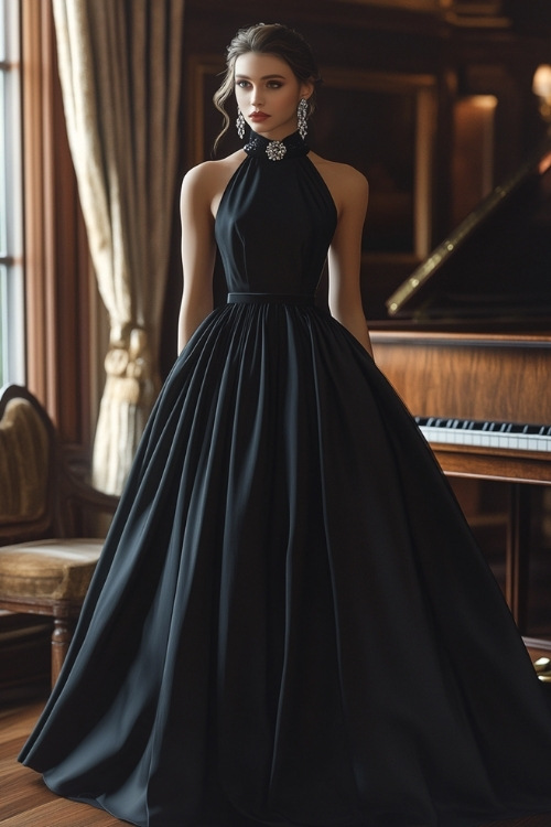 Woman in a classic high-neck black dress with a full skirt that flows to the floor, styled with a diamond brooch and matching earrings