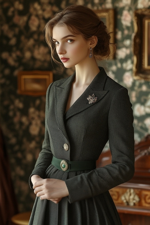 Woman in a classy dark green dress with a high waist and a fitted gray wool jacket, accessorized with a delicate brooch