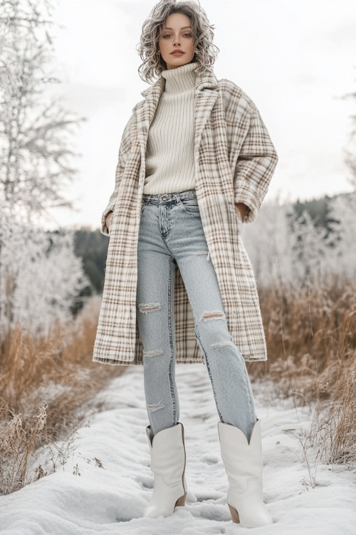 Woman in a cozy cream sweater layered under a plaid wool coat, light-wash jeans, and sleek white cowboy boots (2)