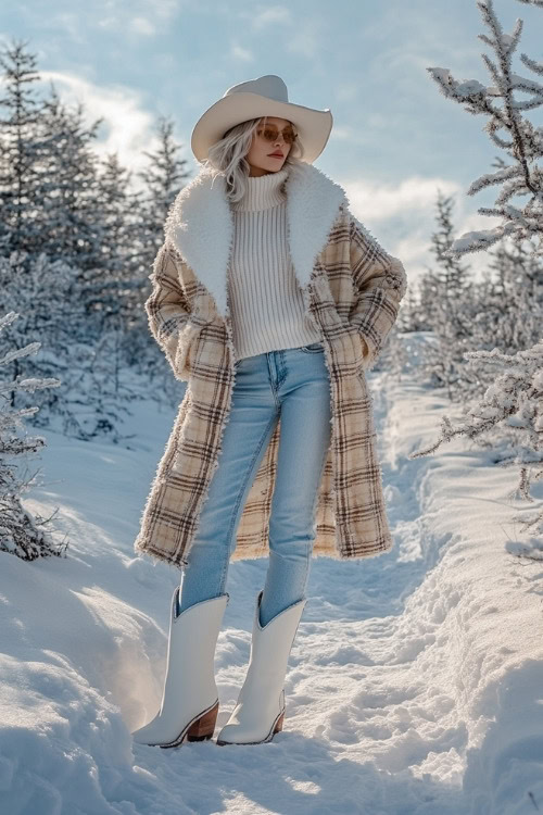 Woman in a cozy cream sweater layered under a plaid wool coat, light-wash jeans, and sleek white cowboy boots