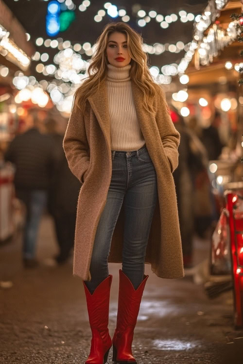 Woman in a cozy cream turtleneck layered with a camel-colored coat, dark-wash jeans, and bright red cowboy boots