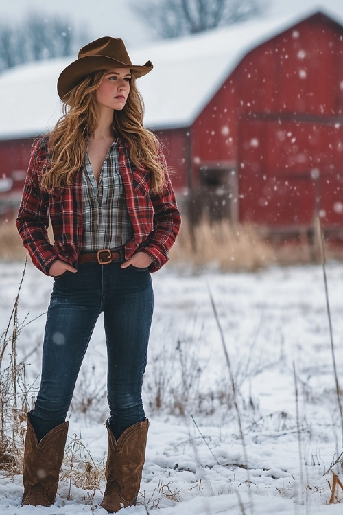 Woman in a cozy flannel shirt under a thick wool cardigan, dark jeans, and brown cowboy boots, standing near a snow-covered barn in a wintery rural setting